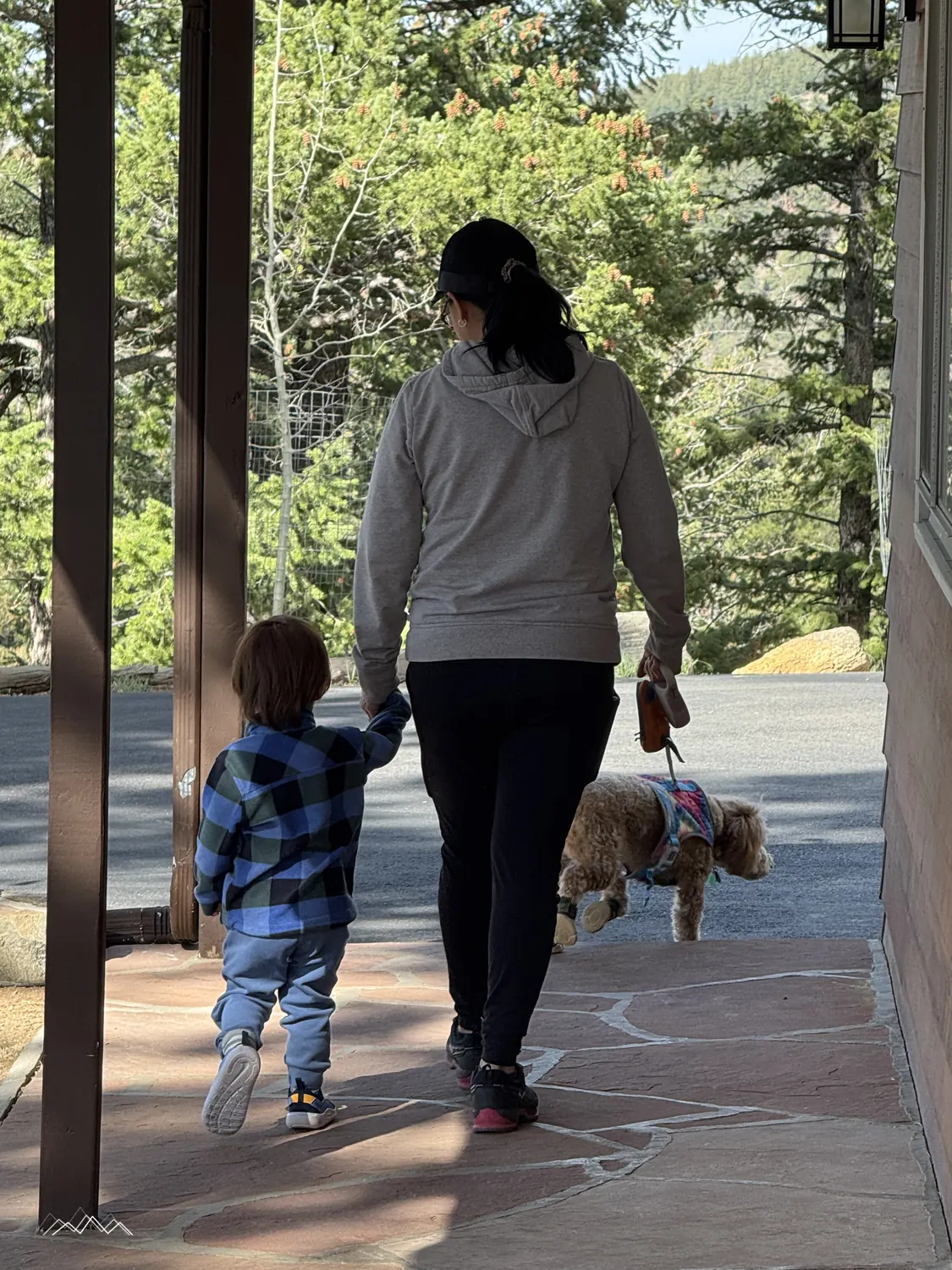 A woman walking hand in hand with a toddler along the covered flagstone walkway, a golden doodle on a leash ahead of them